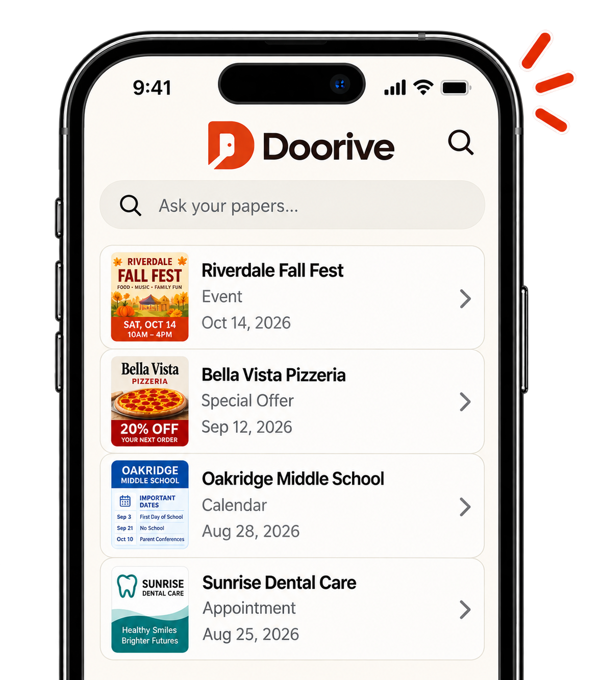 Doorive app showing saved paper items