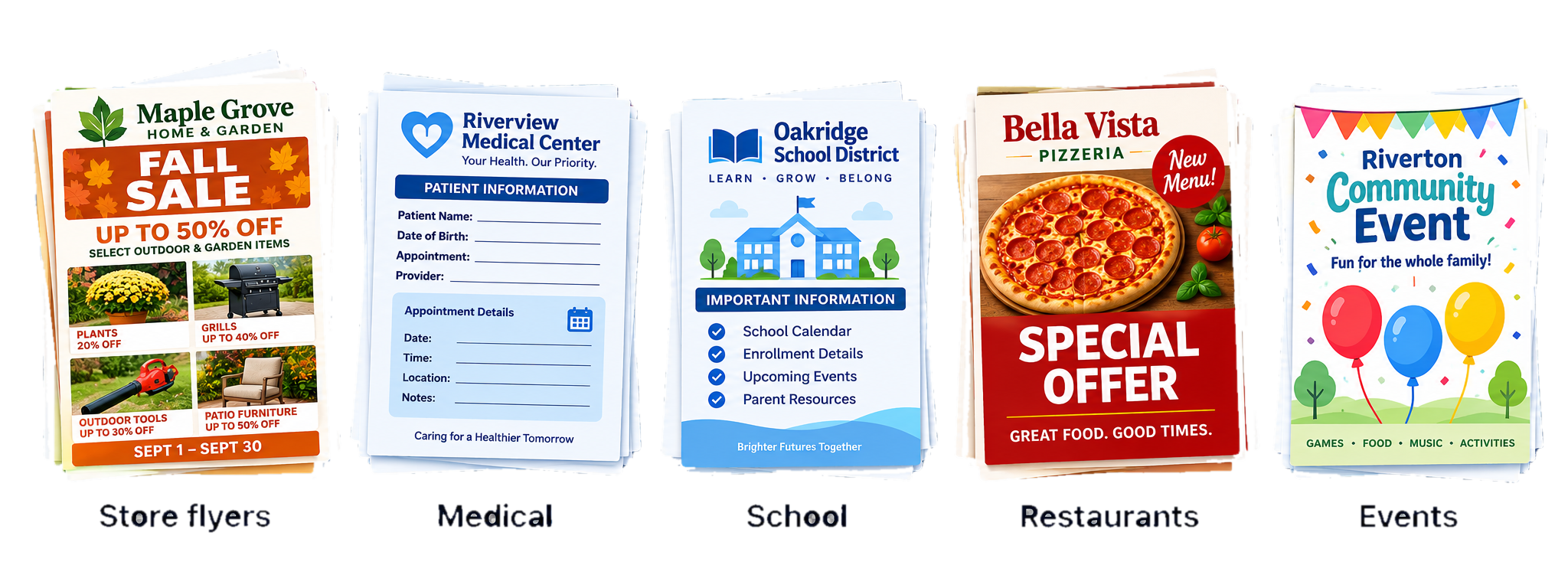Doorive examples: store flyers, medical, school, restaurants, and events